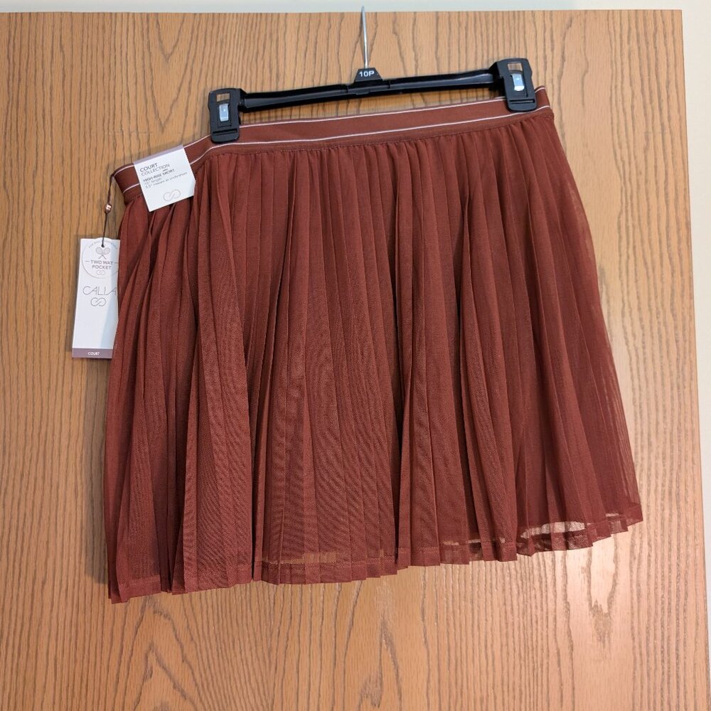 NWT Calia Pleated Mesh Skort, Brown, Chocolate, size Large